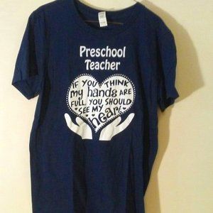 Preschool teacher tee - size small - navy with white lettering